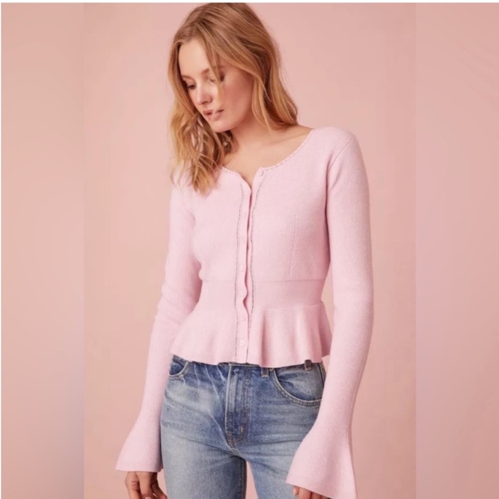 LoveShackFancy Stonington Peplum Wool Cardigan in Looming Blush Size Large